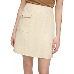 Calvin Klein Size 14 Faux-Wrap Tweed Light Beige Pocket-Front Pencil Skirt NWT